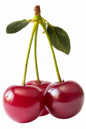 Three cherries extreme close-up shot isolated over white background (path isolated) Stock Photo - Budget Royalty-Free & Subscription, Code: 400-04628939