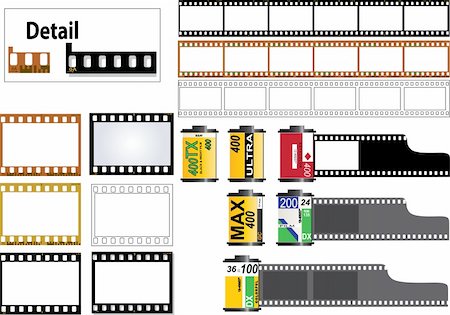 simsearch:400-04732381,k - 6 frame of 35mm film strip in color and b&w film types. Also individual frames and an outline frame plus several film cassettes. Film Strip has details. Photographie de stock - Aubaine LD & Abonnement, Code: 400-04629144