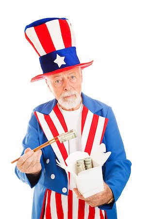 American Uncle Sam looks worried as he eats rolls of cash from a Chinese takeout box.  Metaphor for US debt to China. Stock Photo - Budget Royalty-Free & Subscription, Code: 400-04629465