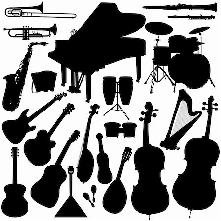 22 pieces of detailed vectoral musical instrument silhouettes. Jpeg file involves paths. Stock Photo - Budget Royalty-Free & Subscription, Code: 400-04620357
