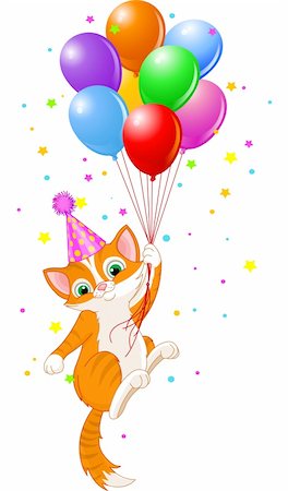 Cute Kitten with Party Hat Hanging from a Balloons Stock Photo - Budget Royalty-Free & Subscription, Code: 400-04621444