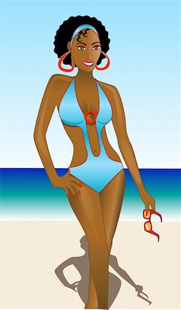 scarf curly woman - Ethnic Woman in a fashionable swimsuit with a beach scene. Stock Photo - Budget Royalty-Free & Subscription, Code: 400-04621722