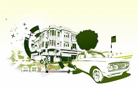 Vector Illustration of old vintage custom collector's car on Urban abstract background in grunge style Foto de stock - Super Valor sin royalties y Suscripción, Código: 400-04622398