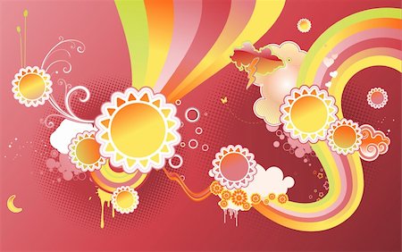 simsearch:400-04112163,k - Vector illustration of funky styled design background made of sun shapes, rainbow shapes and floral elements Stock Photo - Budget Royalty-Free & Subscription, Code: 400-04622585