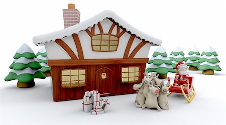 3d render of santa and a winter cabin and christmas trees Stock Photo - Budget Royalty-Free & Subscription, Code: 400-04622624