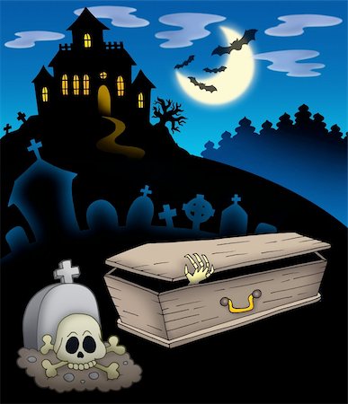 Cemetery with haunted house - color illustration. Foto de stock - Super Valor sin royalties y Suscripción, Código: 400-04622639