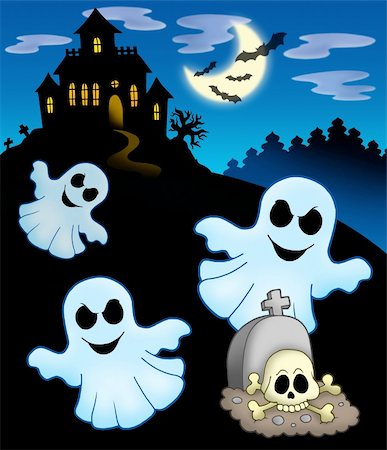 Ghosts with haunted house - color illustration. Foto de stock - Super Valor sin royalties y Suscripción, Código: 400-04622640
