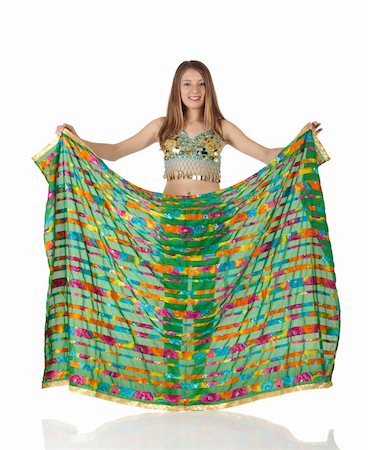 simsearch:400-05154700,k - Young Caucasian belly dancing girl in beautiful decorated clothes on white background and reflective floor. Not isolated Stock Photo - Budget Royalty-Free & Subscription, Code: 400-04623146