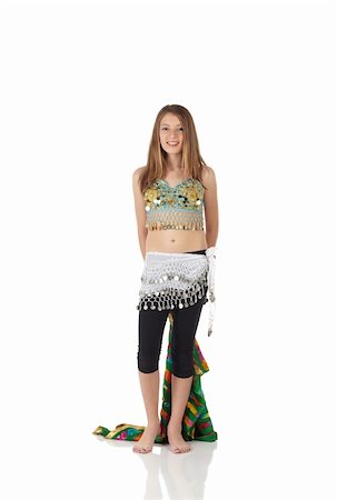 simsearch:400-05154700,k - Young Caucasian belly dancing girl in beautiful decorated clothes on white background and reflective floor. Not isolated Stock Photo - Budget Royalty-Free & Subscription, Code: 400-04623147