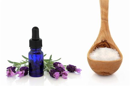 simsearch:400-07175956,k - Lavender herb flowers with aromatherapy oil glass dropper bottle and olive wood ladle with sea salt, over white background. Stock Photo - Budget Royalty-Free & Subscription, Code: 400-04634186
