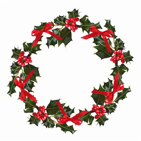 red ribbon and plant - Holly leaf sprigs with red berries forming a circular wreath, over white background. Stock Photo - Budget Royalty-Free & Subscription, Code: 400-04634183