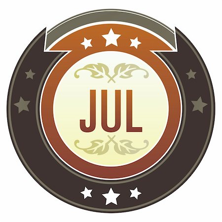 simsearch:400-06697957,k - July month calendar icon on round red and brown imperial vector button with star accents suitable for use on website, in print and promotional materials, and for advertising. Stock Photo - Budget Royalty-Free & Subscription, Code: 400-04635027