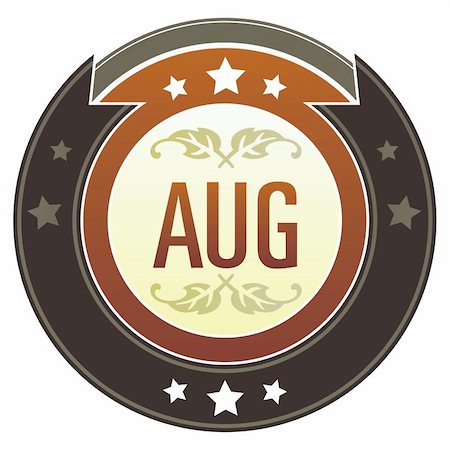 simsearch:400-04635024,k - August month calendar icon on round red and brown imperial vector button with star accents suitable for use on website, in print and promotional materials, and for advertising. Photographie de stock - Aubaine LD & Abonnement, Code: 400-04635023