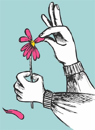 plucking daisy - Hands plucking off the petals of a red flower on sky blue background. Vector available Stock Photo - Budget Royalty-Free & Subscription, Code: 400-04635363