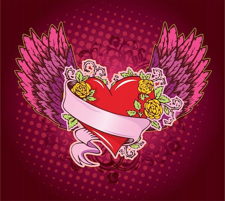 retro valentines frame - Pink heart with wings, vector Stock Photo - Budget Royalty-Free & Subscription, Code: 400-04635581