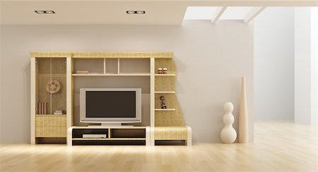 elegant tv room - 3d interior with modern bookshelf with TV Stock Photo - Budget Royalty-Free & Subscription, Code: 400-04636263