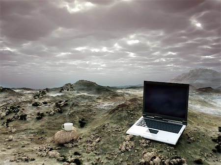 the office work place in the desert  (notebook & cup of coffe)-3D Photographie de stock - Aubaine LD & Abonnement, Code: 400-04636330