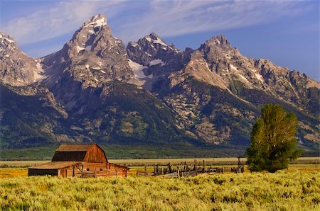 Grand Teton mountians with barn and fence in foreground Stock Photo - Budget Royalty-Free & Subscription, Code: 400-04638180