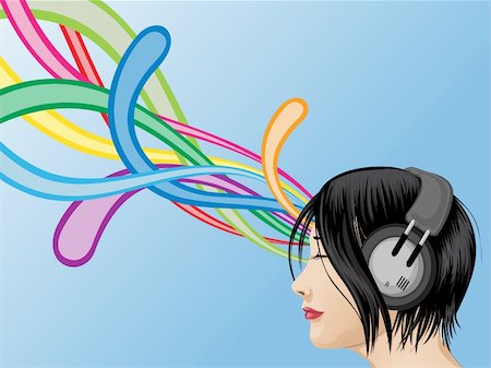 Vector image of a girl wearing headphone, listening to colorful music Stock Photo - Budget Royalty-Free & Subscription, Code: 400-04638426
