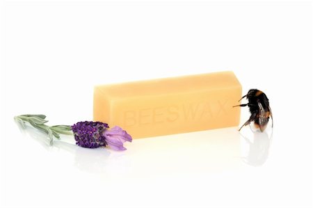 simsearch:400-05372314,k - Beeswax, with a bumblebee and lavender herb flowers, over white background. Stockbilder - Microstock & Abonnement, Bildnummer: 400-04638942