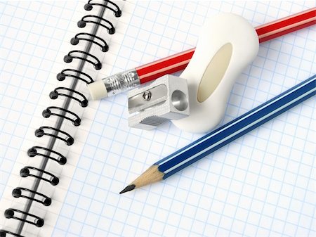 simsearch:400-05206224,k - sharpener and pencils with eraser on the spiral notepad page Fotografie stock - Microstock e Abbonamento, Codice: 400-04639427