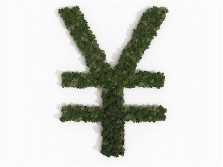 Computer generated illustration of a Yen sign. The symbol is made up of various types of trees, and casts a shadow onto a white background. Part of a series of tree/forest images. Stock Photo - Budget Royalty-Free & Subscription, Code: 400-04631020