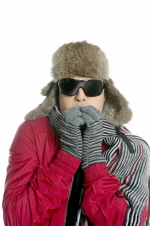 Young man with animal skin winter hat and gloves isolated on white Stock Photo - Budget Royalty-Free & Subscription, Code: 400-04631501