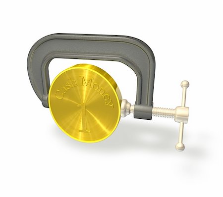 schraubzwinge - 3d render illustration of a clamp or vice squeezing a coin to represent the credit crunch. Stockbilder - Microstock & Abonnement, Bildnummer: 400-04632080