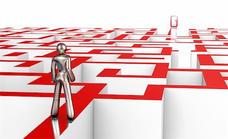 simsearch:400-04611529,k - Metallic Character choosing the way in red Maze on a white background. 3d Photographie de stock - Aubaine LD & Abonnement, Code: 400-04632532