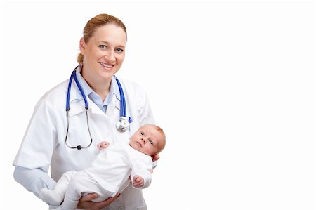 Doctor holding newborn baby in his arms and looks into camera. Isolated on white background. Stock Photo - Budget Royalty-Free & Subscription, Code: 400-04633601