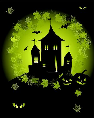 simsearch:400-09081867,k - Halloween night holiday, house on hill Fotografie stock - Microstock e Abbonamento, Codice: 400-04644438