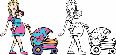 Cartoon image of a mother with her baby and stroller - both color and black / white versions. Stock Photo - Budget Royalty-Free & Subscription, Code: 400-04645667