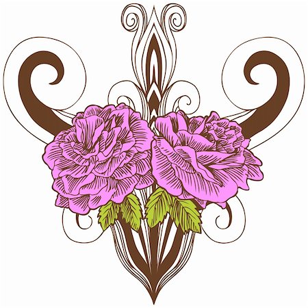 simsearch:400-04645691,k - Hand drawn image of a pink rose in a double pattern with decorative background. Stock Photo - Budget Royalty-Free & Subscription, Code: 400-04645688