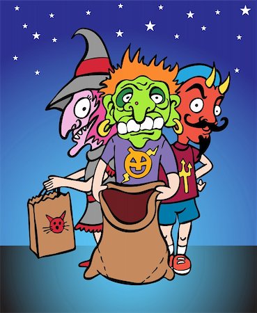 simsearch:400-04645724,k - Three kids in costume dressed as a witch, monster and devil for Halloween - trick or treat. Stock Photo - Budget Royalty-Free & Subscription, Code: 400-04645724