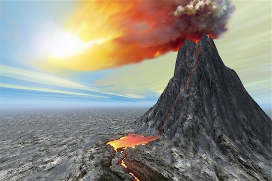 A new volcano bursts forth with hot lava and billowing smoke. Stock Photo - Royalty-Free, Artist: Catmando, Image code: 400-04646967