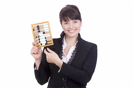 Portrait of a smiling businesswoman holding wooden abacus.  Young attractive girl use an abacus. Isolated over white background. Stock Photo - Budget Royalty-Free & Subscription, Code: 400-04646971