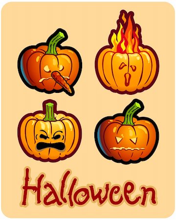 halloween's drawing - four pumpkin heads of Jack-O-Lantern ; one is on fire, another one has a nose in carrot Stock Photo - Budget Royalty-Free & Subscription, Code: 400-04647495