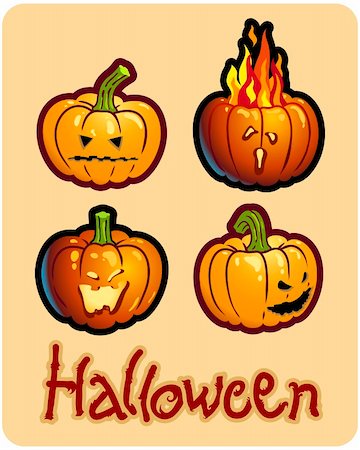 simsearch:400-05270213,k - halloween's drawing - four pumpkin heads of Jack-O-Lantern ; one is on fire Foto de stock - Royalty-Free Super Valor e Assinatura, Número: 400-04647490