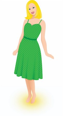 eicronie (artist) - Vector smiling girl in green dotted summer dress Foto de stock - Super Valor sin royalties y Suscripción, Código: 400-04647551