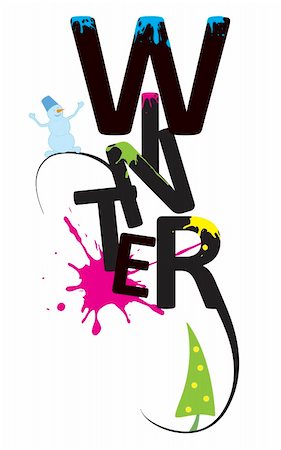 eicronie (artist) - Word winter design with snowman, green tree, colored splatters Photographie de stock - Aubaine LD & Abonnement, Code: 400-04648535