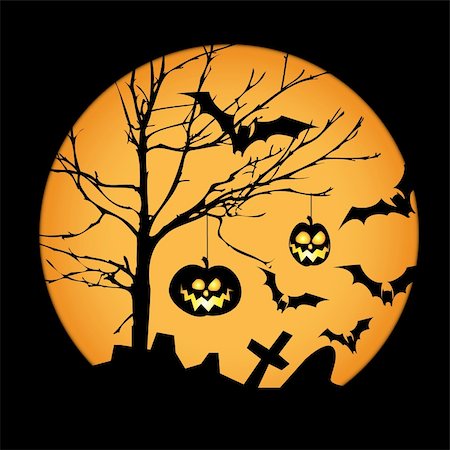 simsearch:400-07172678,k - Halloween illustration with pumpkins, bats and big moon Photographie de stock - Aubaine LD & Abonnement, Code: 400-04648684
