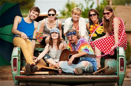 friends female hippie - Groovy Group in the Back of Truck Smiling Stock Photo - Budget Royalty-Free & Subscription, Code: 400-04640384