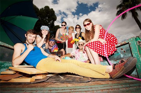 friends female hippie - Groovy Group in the Back of Truck Smiling Stock Photo - Budget Royalty-Free & Subscription, Code: 400-04640381