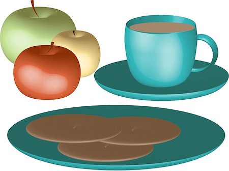 simsearch:400-08114943,k - Illustration of cup of tea and saucer with plate and chocolate cookies and three apples Stock Photo - Budget Royalty-Free & Subscription, Code: 400-04640565