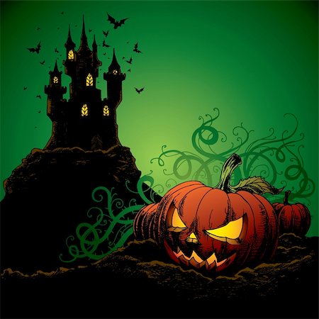 simsearch:400-09081867,k - halloween invitation or background with castle, bats and pumpkin Fotografie stock - Microstock e Abbonamento, Codice: 400-04640840