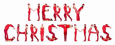 Group of red dressed people forming the phrase 'Merry Christmas', isolated on white. Stock Photo - Budget Royalty-Free & Subscription, Code: 400-04641977