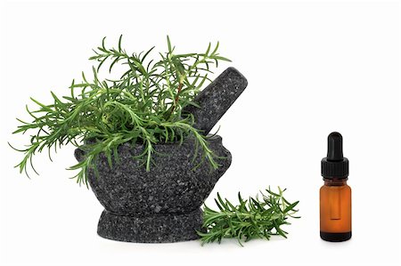 simsearch:400-04141304,k - Rosemary herb leaves in a granite mortar with pestle and aromatherapy essential oil glass dropper bottle, over white background. Photographie de stock - Aubaine LD & Abonnement, Code: 400-04642011