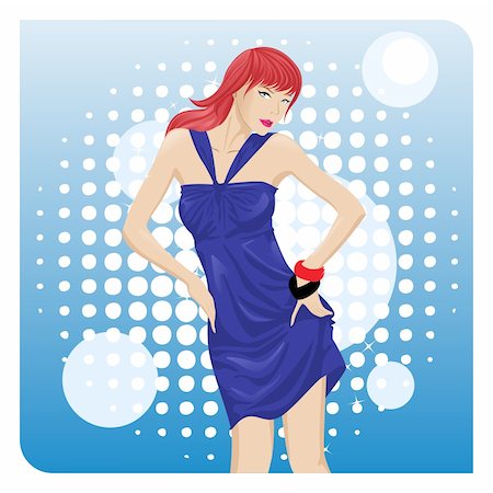 Vector image of a fashionable girl in a blue dress and sparkling background Foto de stock - Super Valor sin royalties y Suscripción, Código: 400-04642061