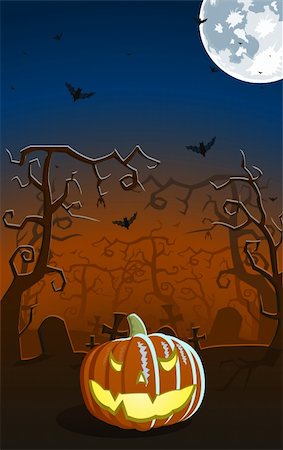 Vector illustration of scary pumpkin on the grave, stylized trees on background Stock Photo - Budget Royalty-Free & Subscription, Code: 400-04642226