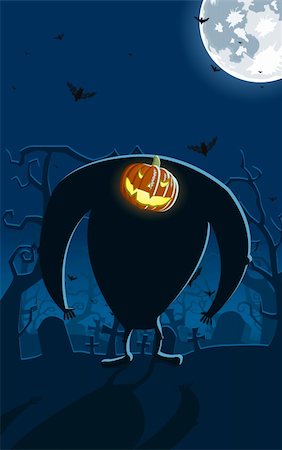 Vector illustration of scary Jack-o-lantern man on the grave, full moon and bats on background Stock Photo - Budget Royalty-Free & Subscription, Code: 400-04642227